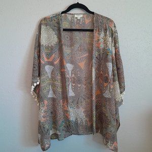 Umgee Boho Oversized Peacock Feather Tribal Pom Pom Open Duster Topper Size S/M